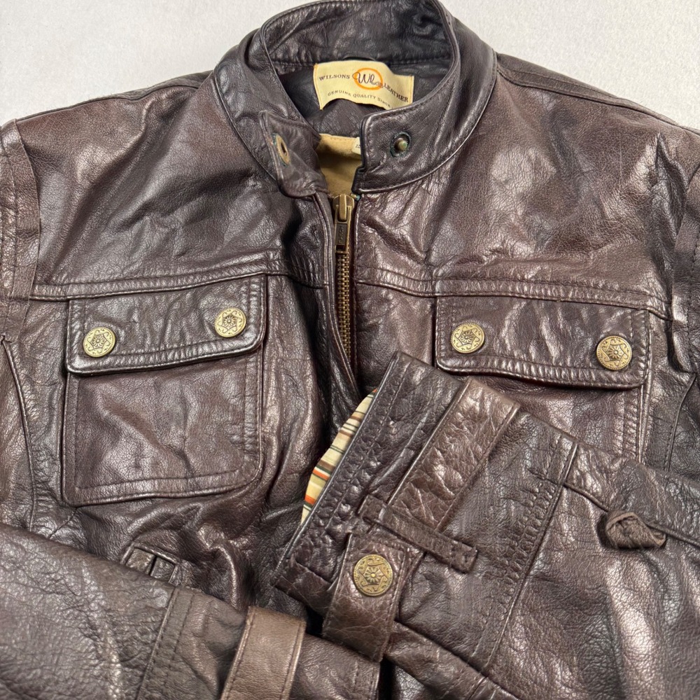 Wilsons Leather Brown Genuine Leather Bomber Moto Jacket Womens Medium Utility - Picture 8 of 8